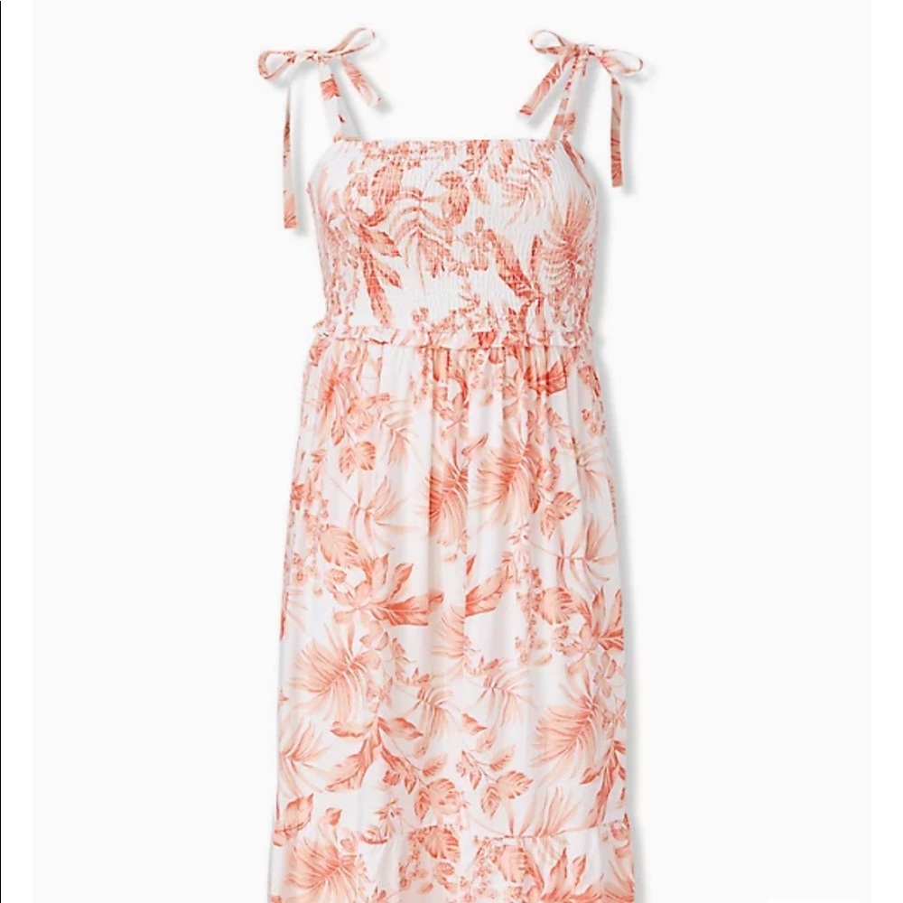 Torrid WHITE & CORAL FLORAL CHALLIS TIE STRAP SMOCKED MIDI DRESS NWT 2 (18/20)